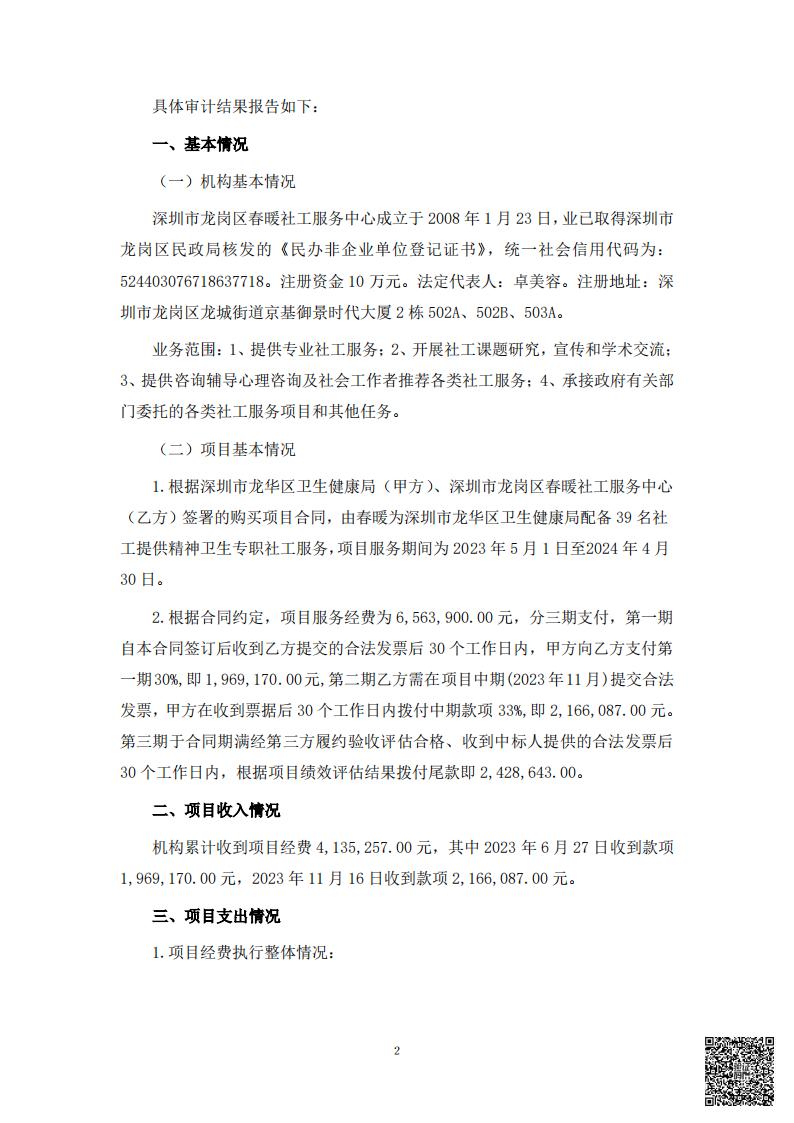 龙华区精神卫生专职社工服务项目经费收支情况的专项审计报告20230501-20240430